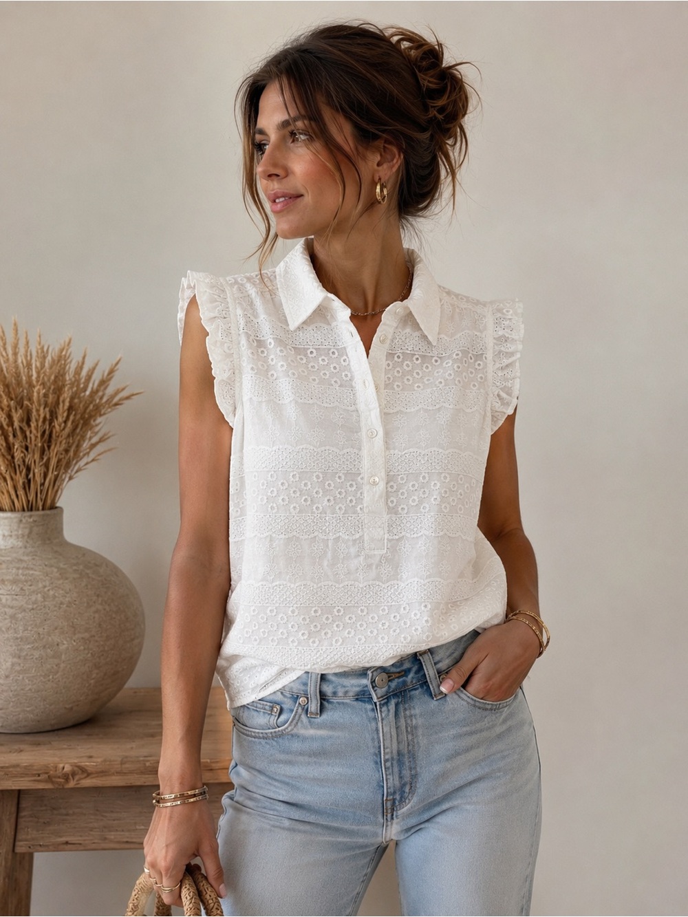 Loft broderie anglaise Sleeveless White Eyelet Ruffle Collar Top sz medium